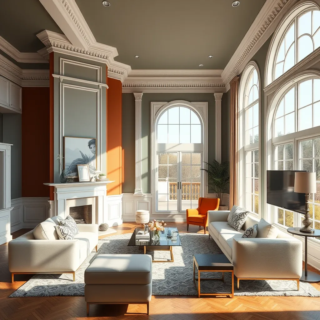 A wide shot of a beautifully painted and decorated living room, featuring a bold accent wall, intricate trim work, and natural light streaming through large windows. The room is furnished with modern and stylish furniture, showcasing the professional craftsmanship and elegance of the work.