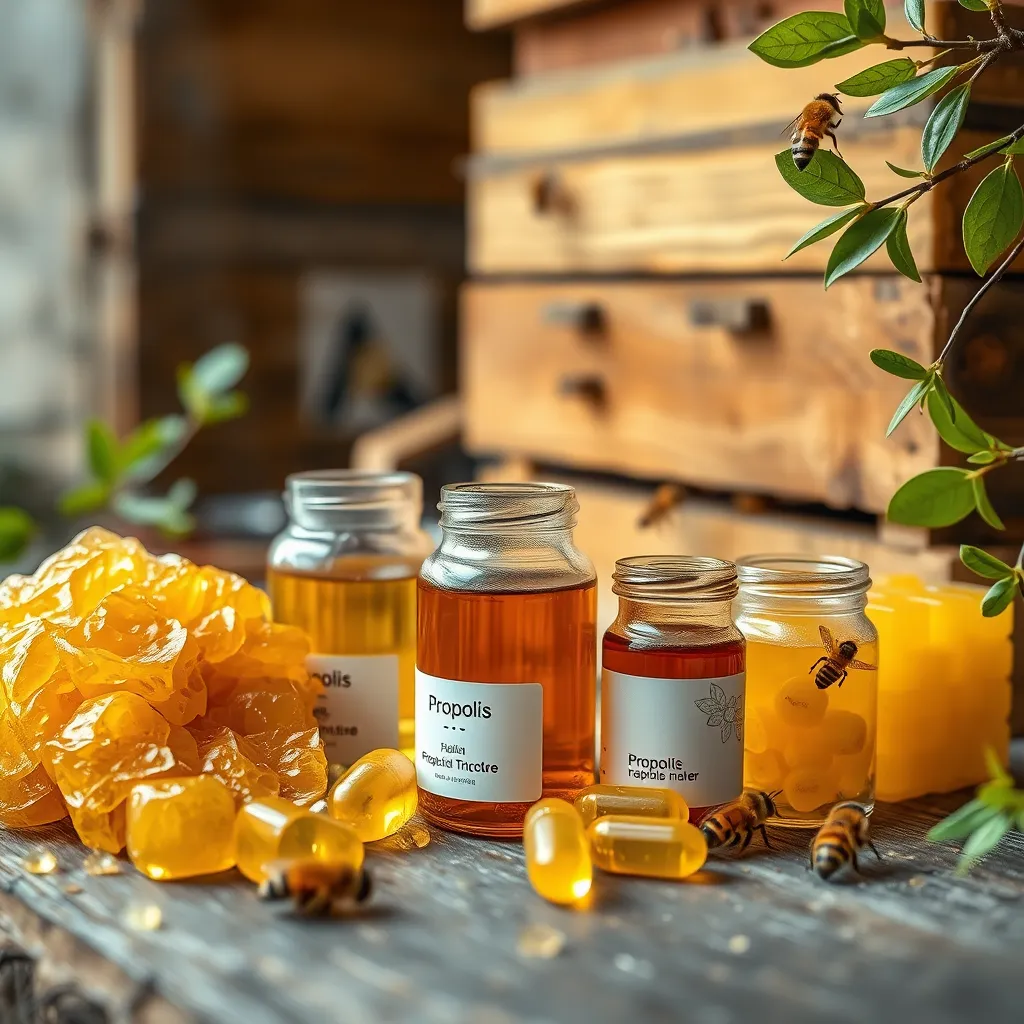 An artistic arrangement of propolis resin in its raw form next to small jars of propolis tincture and capsules, set against a backdrop of a beehive. Include bees in action, and leafy branches to highlight the natural origins of propolis.