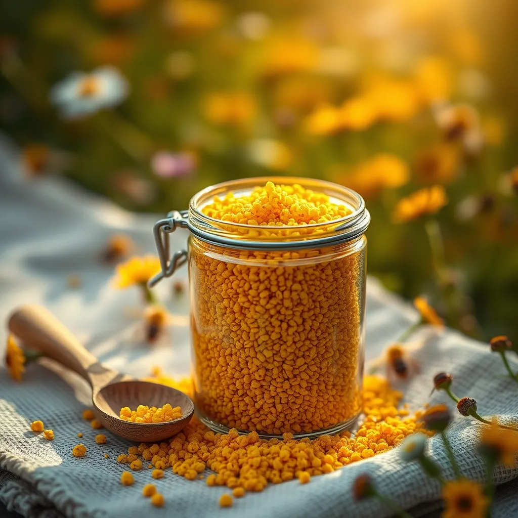 An artistic display of bee pollen granules in a clear glass jar with a wooden spoon resting on the side, highlighted by dramatic side lighting that enhances the golden and amber hues of the pollen. The jar is set on a textured linen cloth with hints of wildflowers scattered around, creating a soft, natural scene. A blurred background hints at a sunny garden, filled with colorful blooms and buzzing bees. Shot at a diagonal angle, ensuring depth and focus on the jar and pollen granules, in ultra-detailed 8K resolution. The style is reminiscent of natural lifestyle photography, capturing the essence of health and vitality.