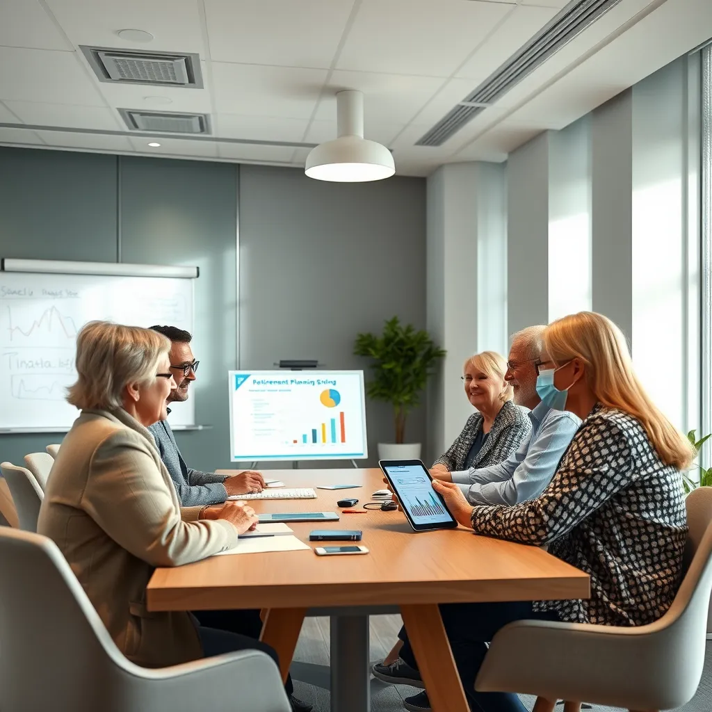 An ultra-detailed image showcasing a group of diverse individuals of different ages and backgrounds, sitting around a table in a brightly lit, modern meeting room. They are engaged in a conversation with a financial advisor, who is holding a tablet showing graphs and charts related to superannuation. The scene should convey a sense of trust, security, and collaboration. Include visual elements like a whiteboard filled with notes, a projector displaying a retirement planning presentation, and a comfortable, welcoming environment.