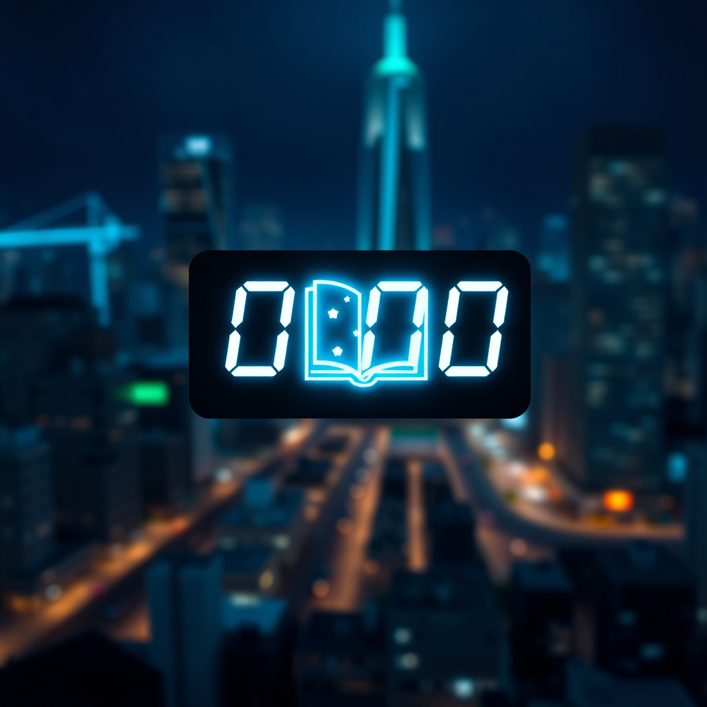 A digital clock showing 0:00 with a glowing ebook icon superimposed over it. The background is a blurred cityscape at night. The color palette is dark and cool, with pops of bright blue and green. Style reference: modern, technological. Technical specs: 4K resolution, high quality.