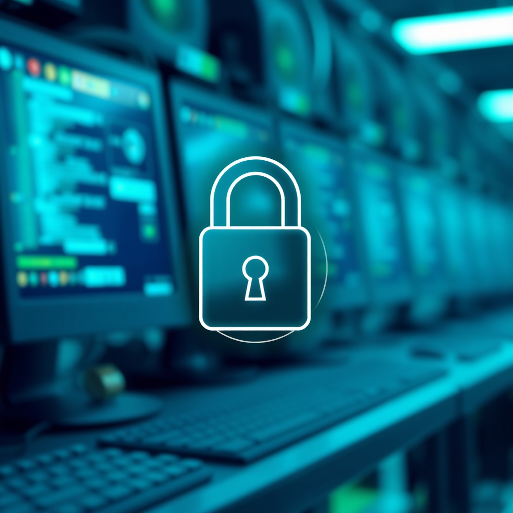 A digital lock icon superimposed on an ebook cover. The background is a blurred image of a network of computers. The color palette is cool and professional, with shades of blue and green. Style reference: secure, trustworthy. Technical specs: 4K resolution, high quality.