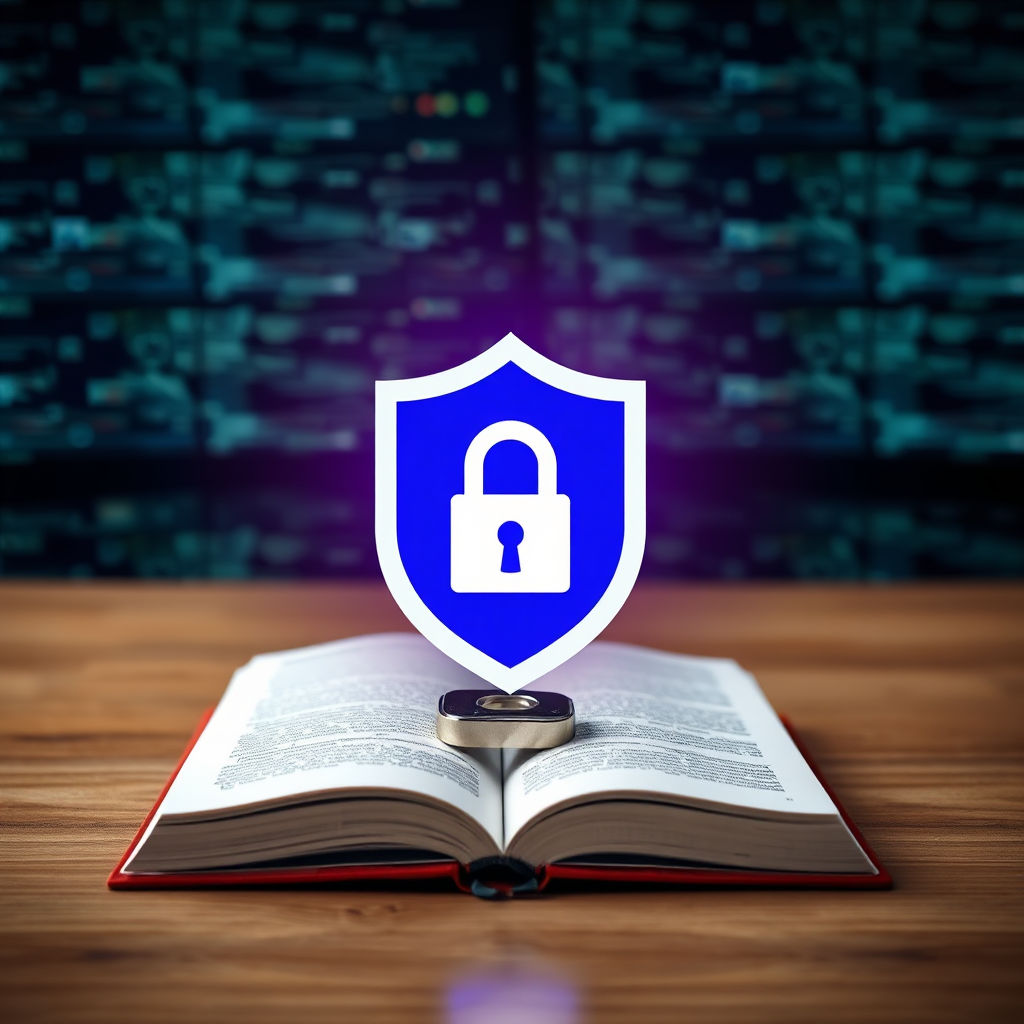 A digital shield icon superimposed over an ebook cover with a padlock. The background is a blurred image of a network of computers. Style reference: secure, trustworthy. Technical specs: 4K resolution, high quality.