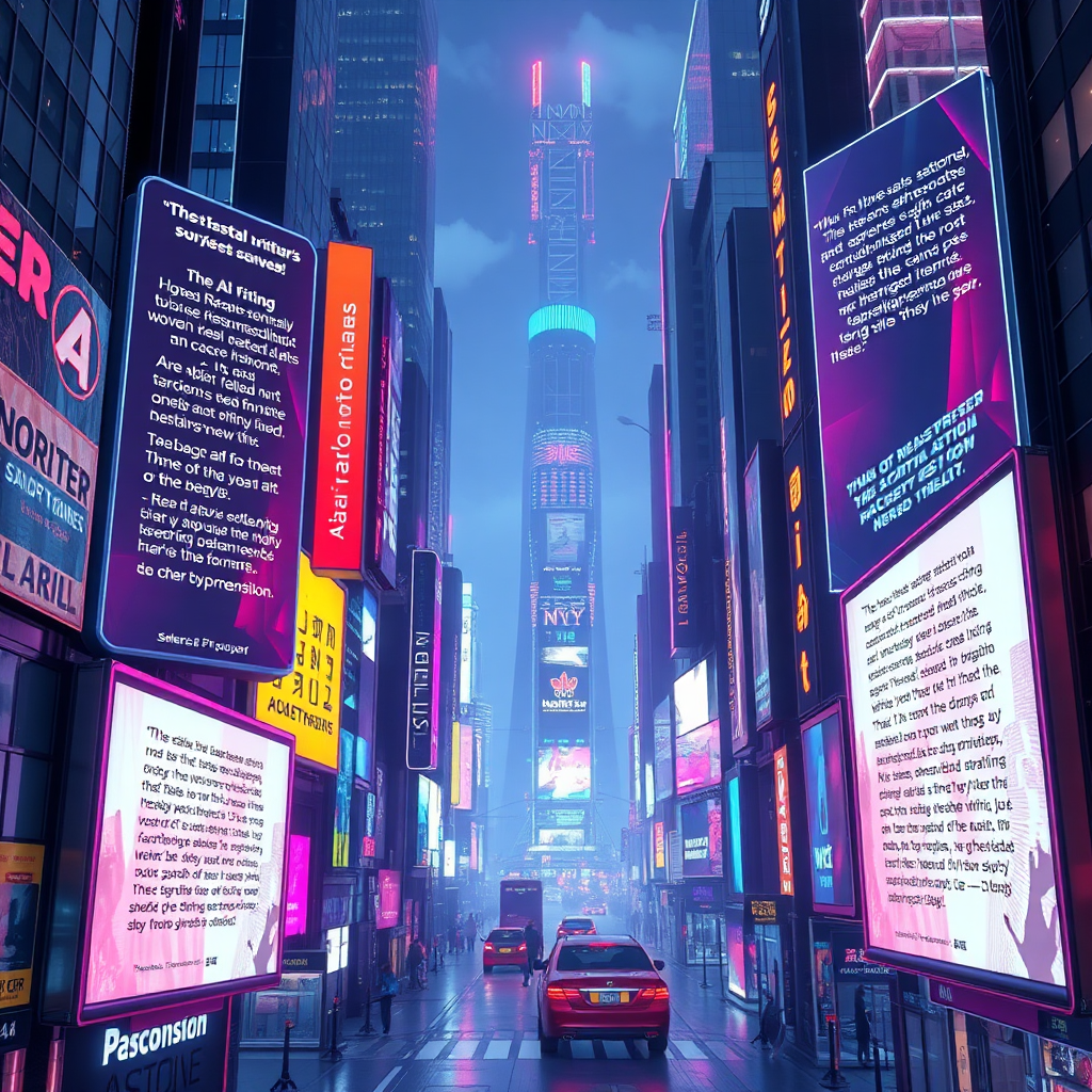 A vibrant cityscape where AI whispers stories on holographic displays, painting the future of narrative. Neon meets metal in a 4K, high-quality render.