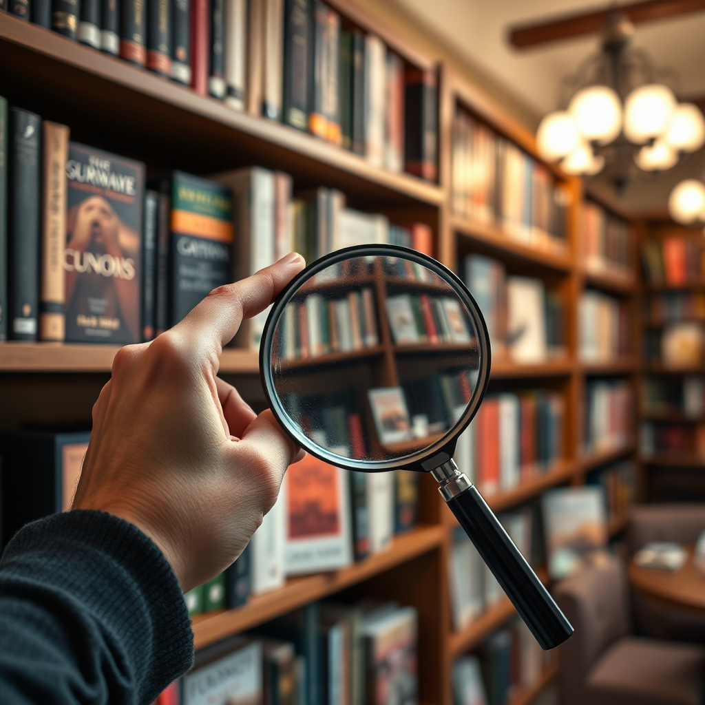 A hand holding a magnifying glass over a shelf of diverse ebook covers. The background is a warm and inviting library. Style reference: curated, knowledgeable. Technical specs: 4K resolution, high quality.