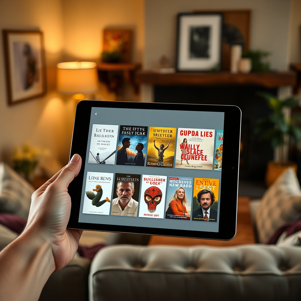 A hand holding a tablet displaying a selection of diverse ebook covers. The background is a warm and inviting living room. The color palette is warm and inviting, with soft lighting. Style reference: inviting, curated. Technical specs: 4K resolution, high quality.