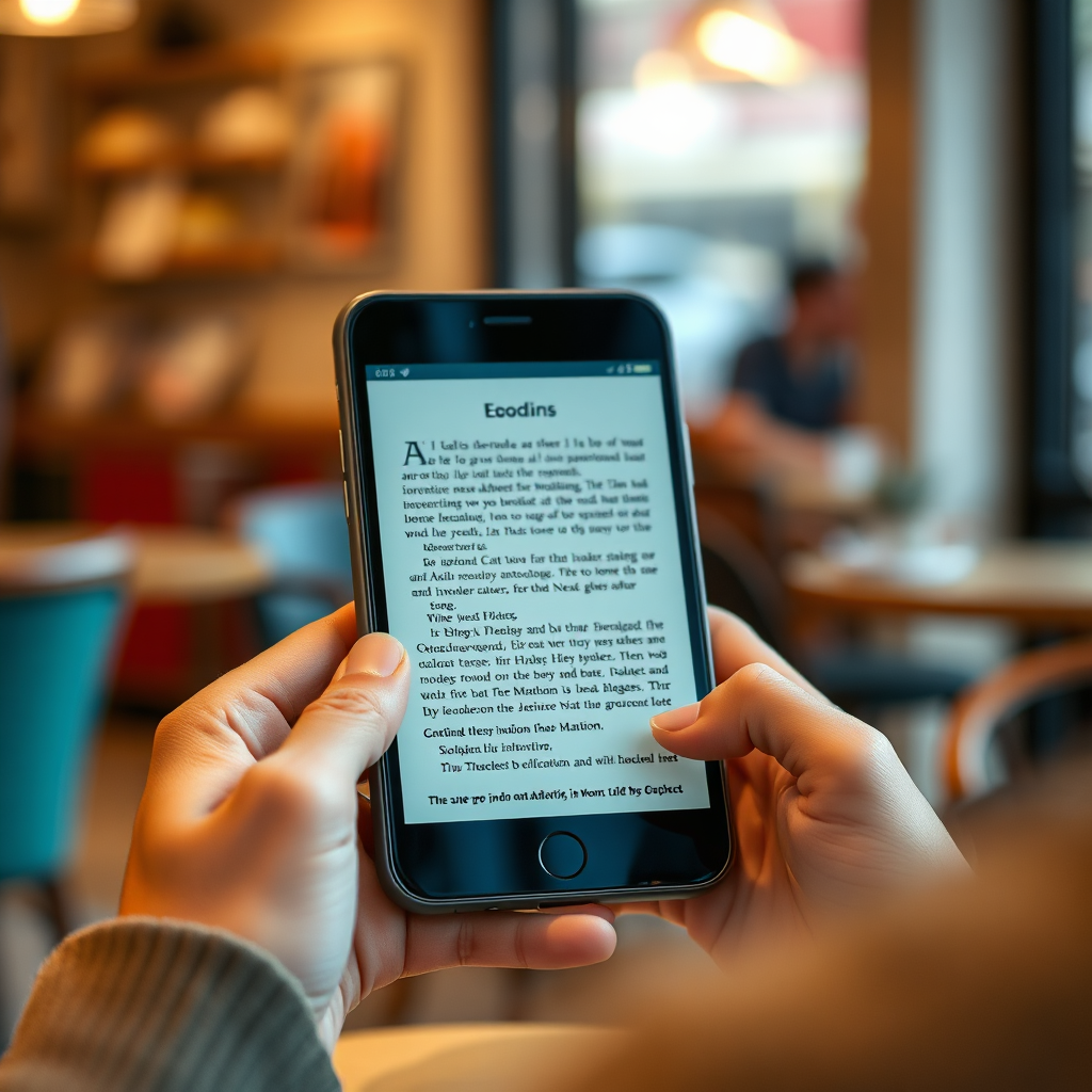 A person reading an ebook on a smartphone with a comfortable setting. The background shows a blurred cafe scene. The color palette is warm and inviting, reflecting the cafe atmosphere. Style reference: modern, mobile. Technical specs: 4K resolution, high quality.