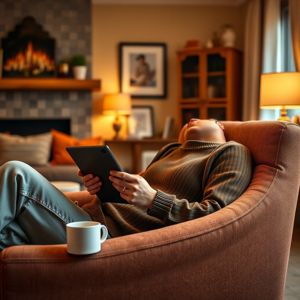 A person relaxing in a cozy chair, reading an ebook on a tablet with a cup of coffee nearby. The background is a warm and inviting living room. The color palette is warm and relaxing, with soft lighting. Style reference: cozy, relaxing. Technical specs: 4K resolution, high quality.