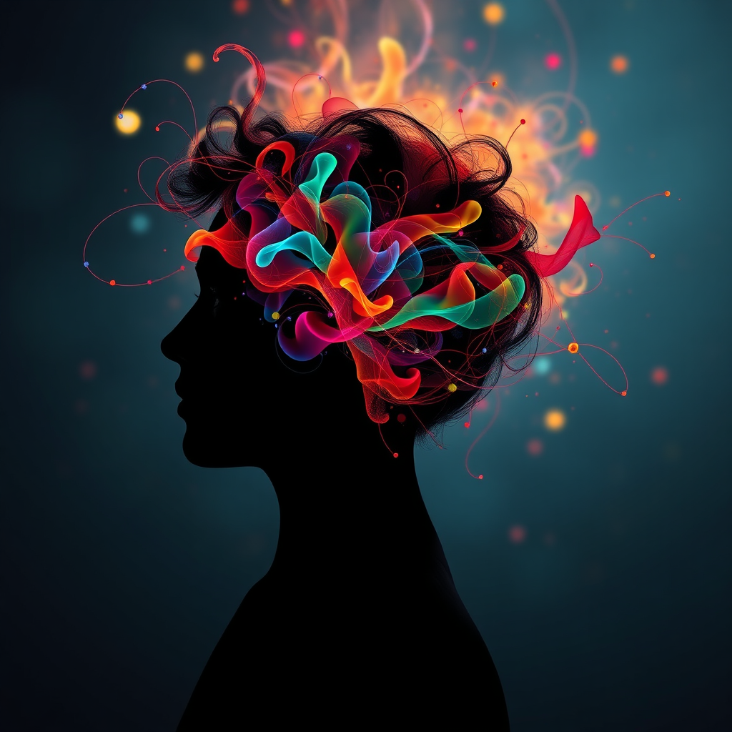 A photorealistic image depicting a person's head silhouette filled with swirling, colorful abstract shapes representing ideas and imagination. Neural networks are subtly integrated into the background. The color scheme should be vibrant and energetic. Lighting is dramatic, with strong contrasts. 4K resolution, high quality, photorealistic.