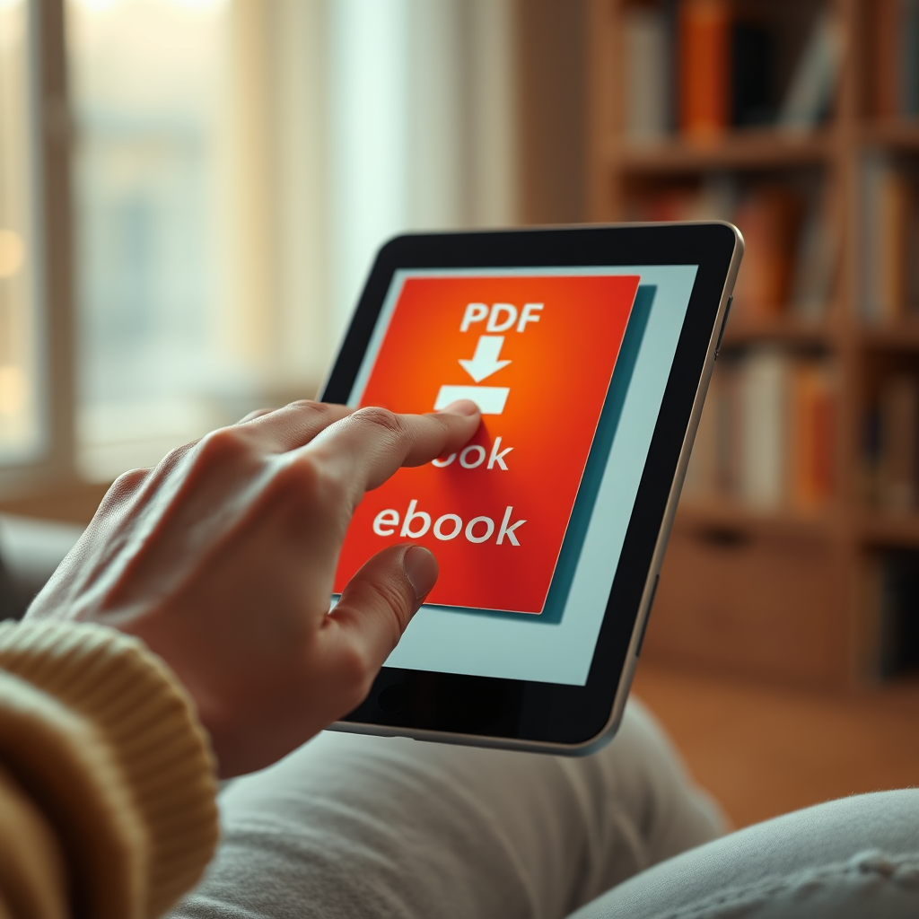 A photorealistic image representing the essence of PDF eBook. Imagine a hand gently reaching out to tap a download button on a tablet displaying a vibrant ebook cover. The background is softly blurred, with subtle hints of bookshelves and a warm, inviting glow. The color palette is warm and inviting, featuring soft oranges, yellows, and browns. The camera angle is a close-up, focusing on the hand and the tablet screen. Texture details are important – focus on the subtle imperfections of the hand and the crispness of the ebook cover. The environment evokes a cozy reading nook. Style reference: realistic, inviting, and subtly technological. Technical specs: 4K resolution, high quality.