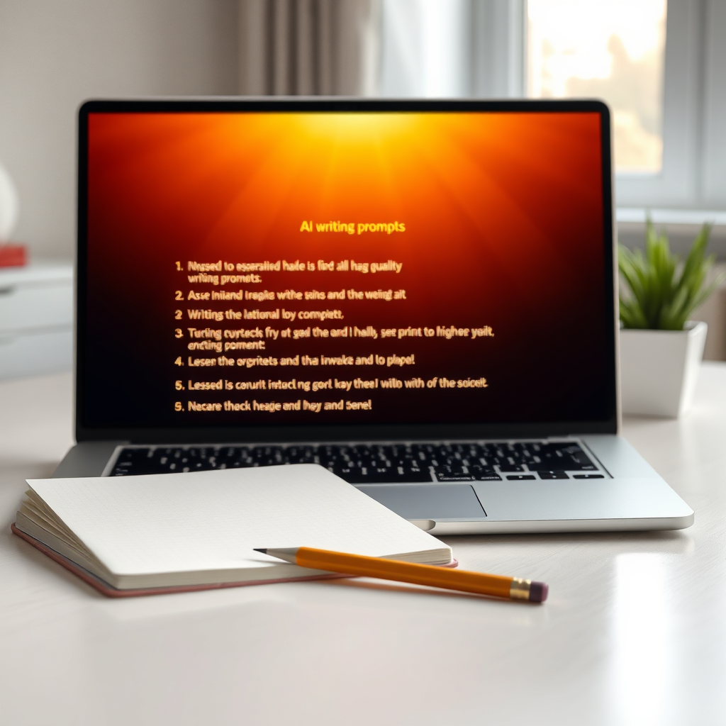 A photorealistic image showing a blank notebook and pencil next to a glowing laptop screen displaying AI writing prompts. The scene is set on a clean, modern desk with natural light. Colors are soft and inviting. 4K resolution, high quality, photorealistic.