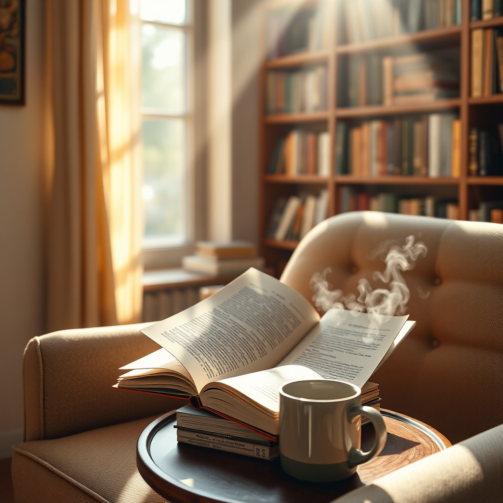 A photorealistic, ultra-high quality header image depicting a cozy reading nook. Sunlight streams in through a window, illuminating a comfortable armchair and a small table stacked with elegantly designed ebooks. Soft, warm light creates a welcoming and inviting atmosphere. The focus is on the open ebook on the table, its pages slightly curved, hinting at engaging content. In the background, blurred bookshelves add depth. The color palette is warm and inviting, with soft browns, creams, and hints of gold. A steaming mug sits nearby, suggesting a relaxing reading session. The camera angle is a slightly high, wide shot to capture the entire scene. Texture details are crucial: the soft fabric of the armchair, the rough paper of the ebook, and the smooth ceramic of the mug. The environment should evoke a sense of discovery and knowledge. Style reference: Kinfolk magazine aesthetic. Technical specs: 8K resolution, hyperrealistic rendering.