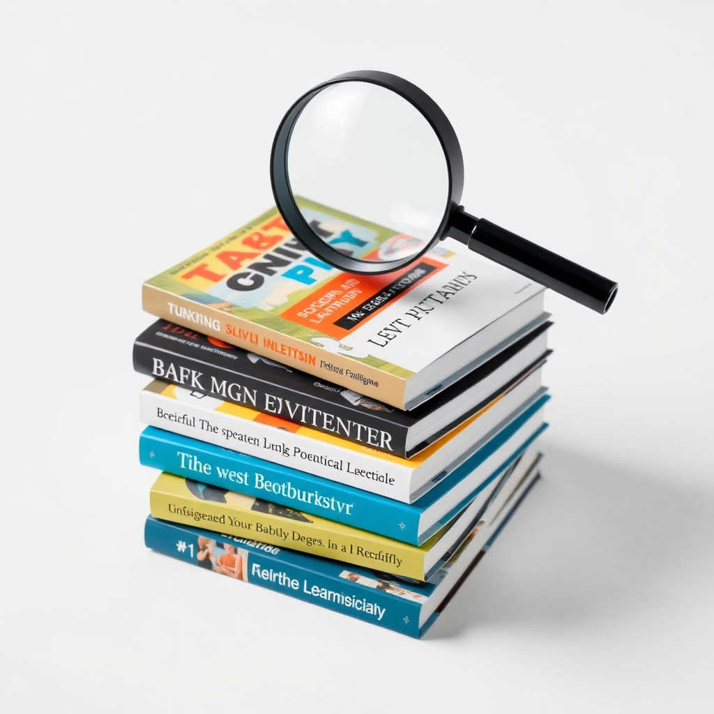 A stack of beautifully designed ebook covers with a magnifying glass hovering above them. The background is a clean white surface. The color palette is vibrant and colorful, reflecting the variety of ebook covers. Style reference: clean, modern. Technical specs: 4K resolution, high quality.