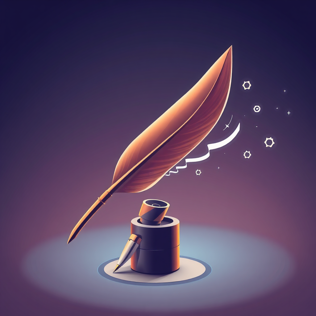 A stylized graphic representing a writer's quill pen transforming into a digital pen. The transformation symbolizes the evolution of writing with AI. The color palette is a blend of classic and modern tones. 4K resolution, high quality, stylized render.