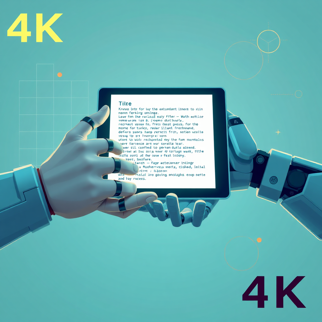 A stylized image of two hands (one human, one robotic) clasped together over a glowing tablet displaying text. The background features a subtle grid pattern and abstract geometric shapes. Color palette is cool blues and greens, accented by warm gold tones. The style is modern and technological. 4K resolution, high quality, stylized render.
