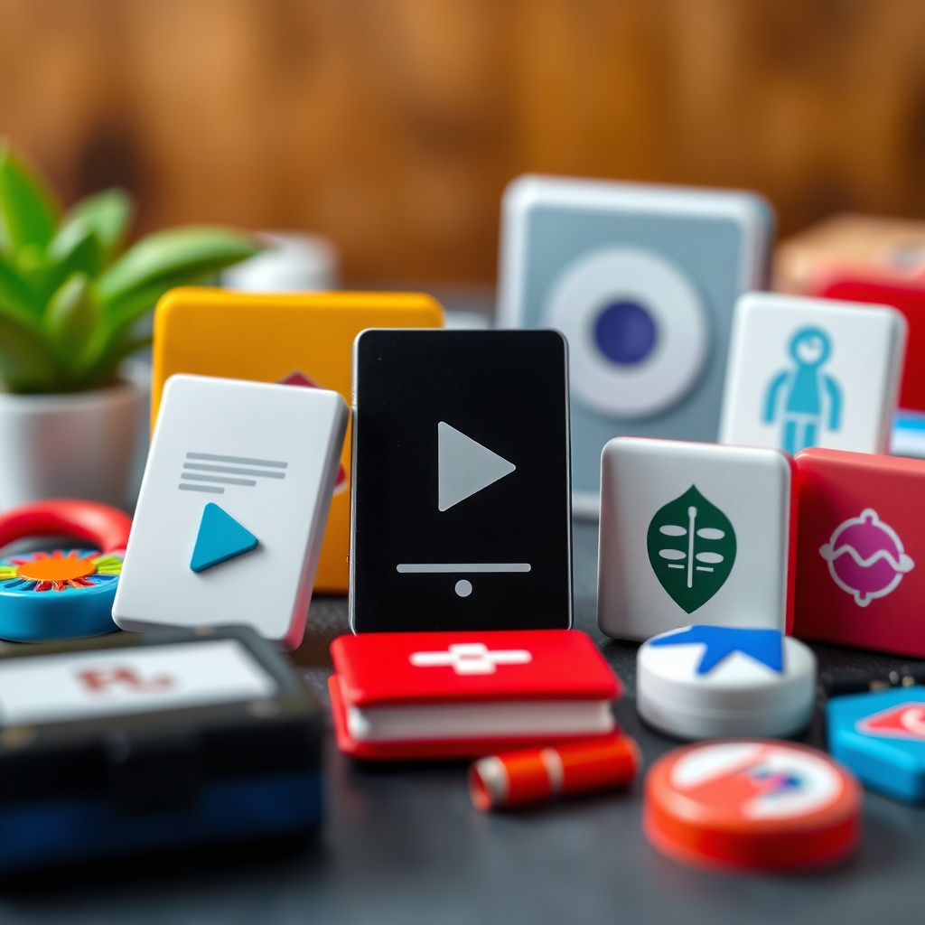 A curated collection of digital treasures: video lessons, ebook secrets, and AI tools, all shining with a bright and inviting color palette. 4K resolution, high-quality digital art.