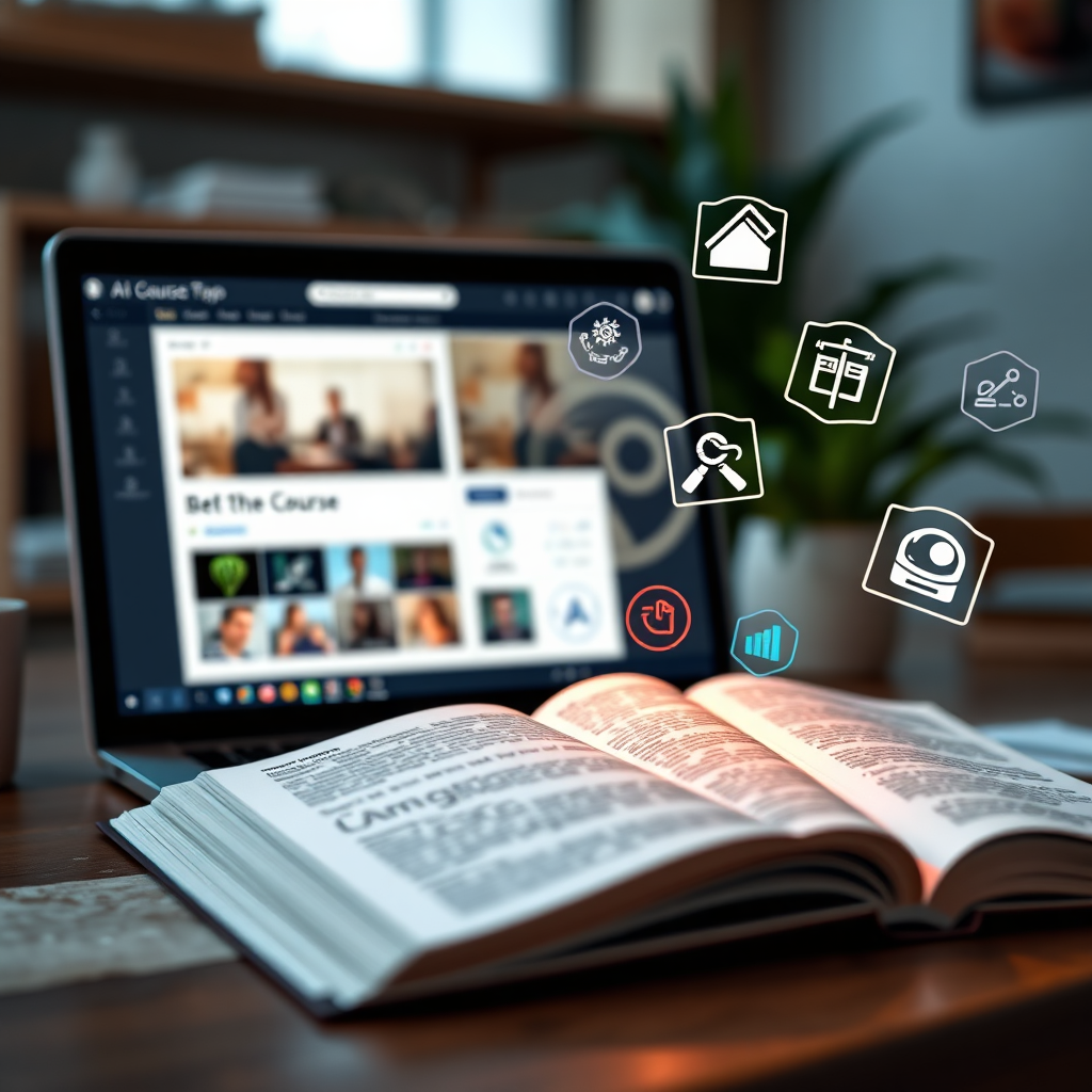 A visually appealing composition featuring a laptop displaying the course interface, an open ebook with highlighted text, and various AI tool icons floating around. The background is blurred to emphasize the elements in focus. The color palette is warm and inviting. 4K resolution, high quality, photorealistic.