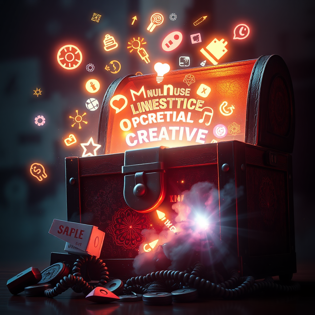 An artistic representation of a locked chest bursting open, revealing a cascade of glowing text, symbols, and creative elements. This symbolizes unlocking creative potential. The lighting should be dramatic and evocative, with a sense of discovery. 4K resolution, high quality, digital art.