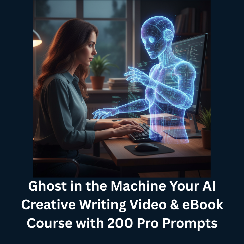 A professionally designed ebook cover showcasing the title and key concepts of AI creative writing. The design should be modern, clean, and visually appealing. 4K resolution, high quality, digital art.