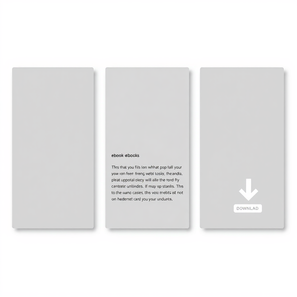 Three distinct panels showing an ebook cover, a short text synopsis, and a download link icon, neatly arranged. The background is a clean, geometric pattern. Style reference: organized, efficient. Technical specs: 4K resolution, high quality.