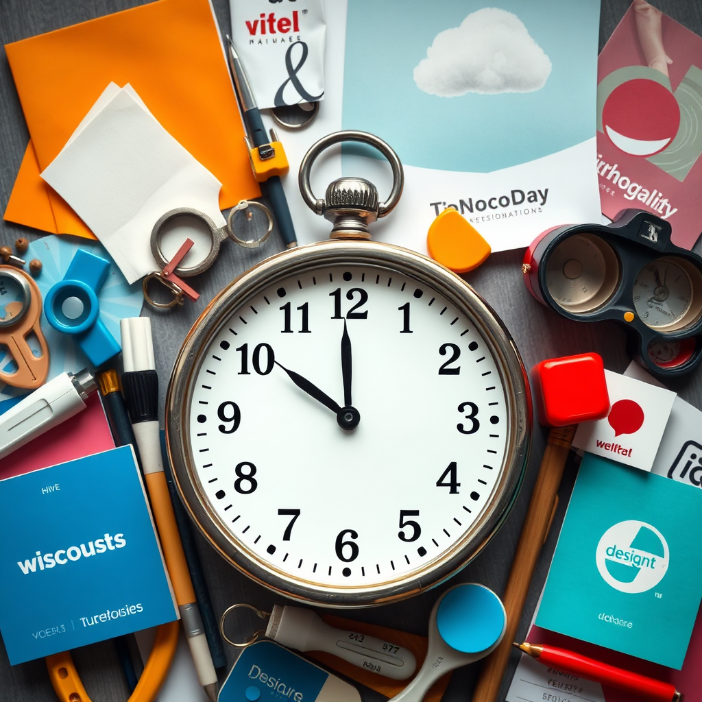A clock surrounded by design tools and branding materials, illustrating a scheduled workday. Technical specs: 4k resolution, photorealistic.