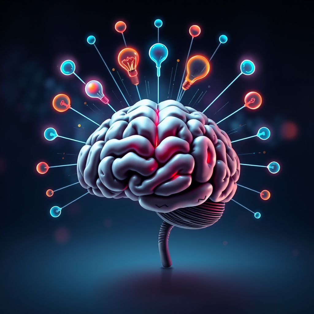 A graphic of a brain radiating with creative ideas, symbolizing expertise and innovative thinking. Technical specs: 4k resolution, abstract art.