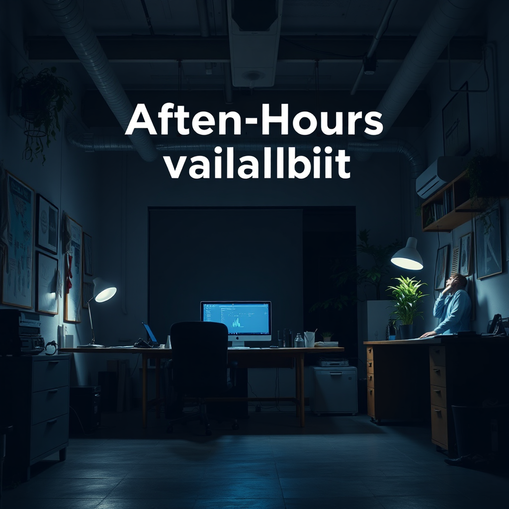 A late-night scene in a design studio with a single designer working diligently, symbolizing after-hours availability. Technical specs: 4k resolution, photorealistic.