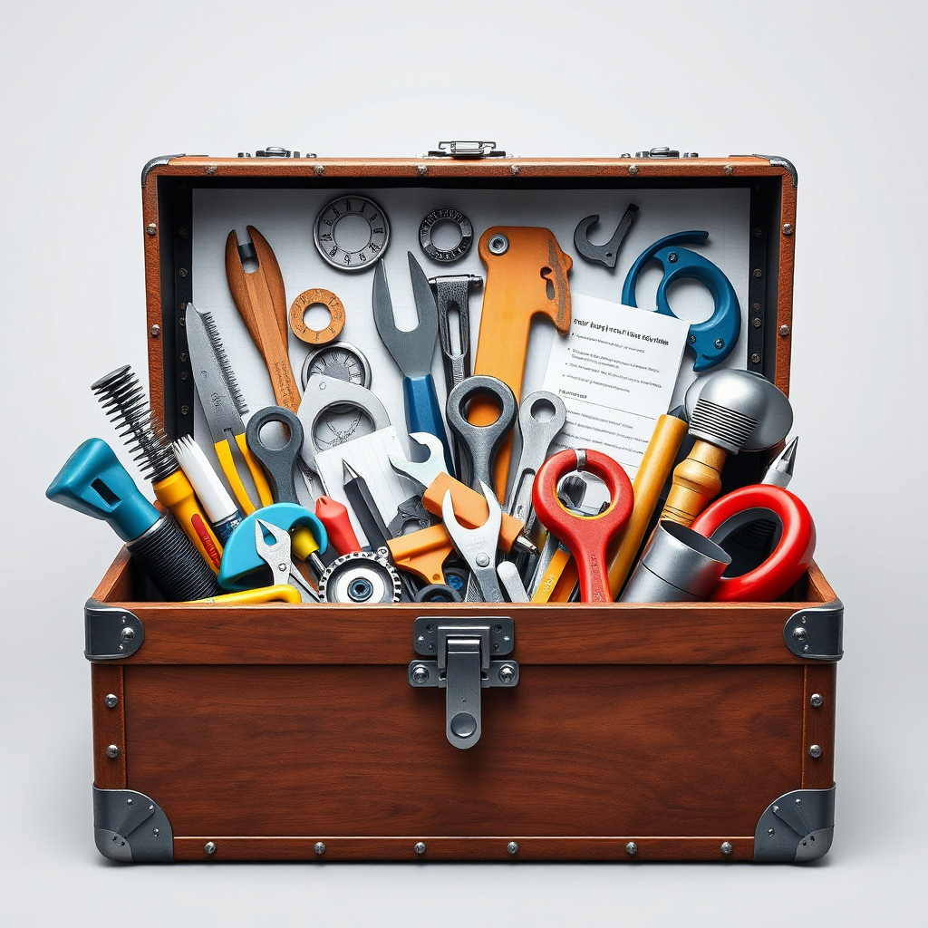 A toolbox filled with design tools and resources, symbolizing solutions and assistance for resolving design issues. Technical specs: 4k resolution, photorealistic.