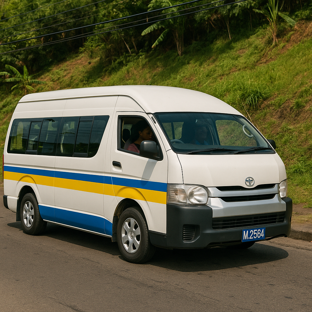 Create an image of a colorful local bus traveling through a scenic Saint Lucian landscape. The lighting should be bright and sunny. The color palette should emphasize the vibrant colors of the bus and the surrounding vegetation. Capture the charm and character of Saint Lucia's transportation system in 4k resolution.