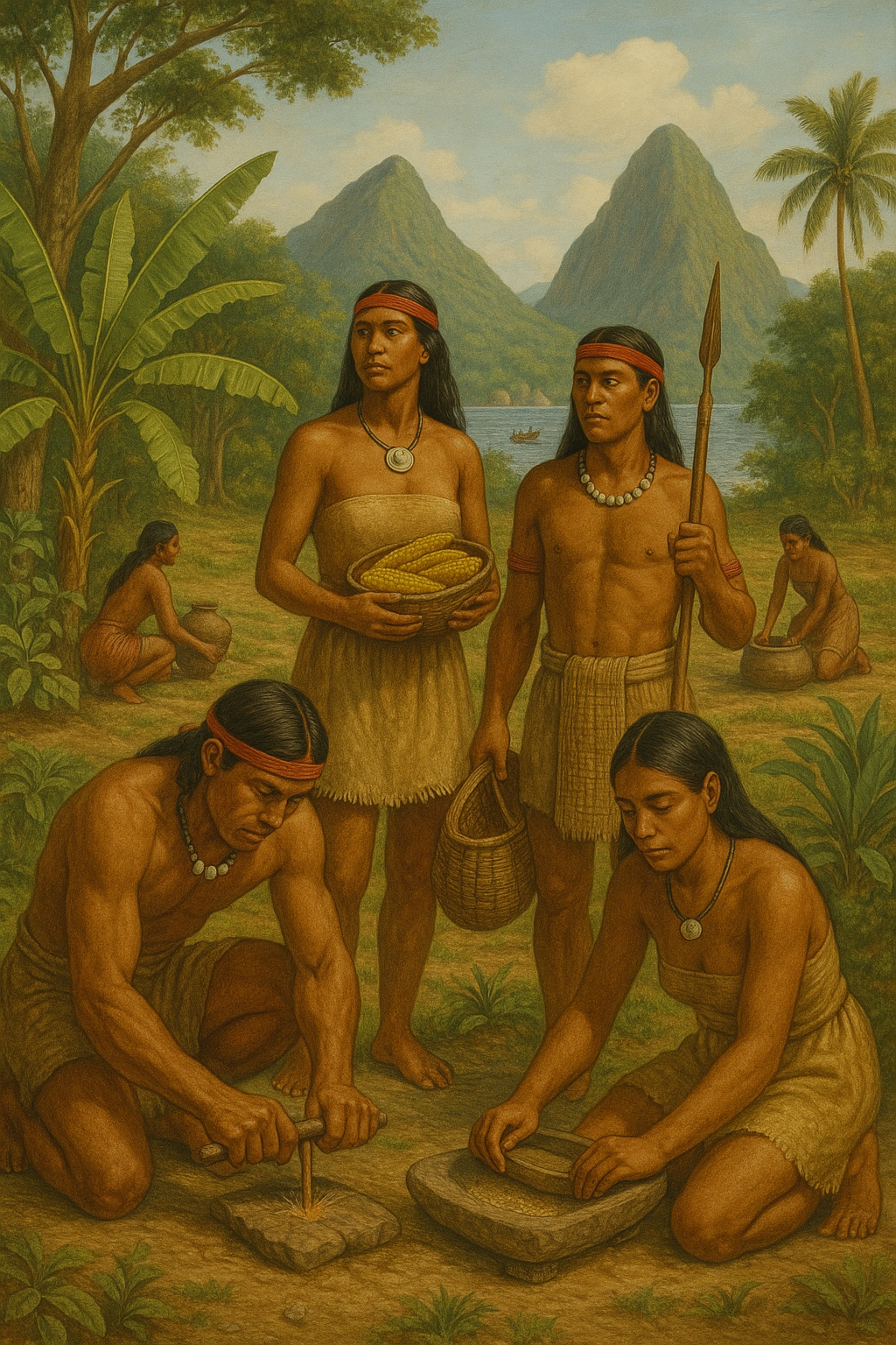 Create a photorealistic image depicting a historical scene from Saint Lucia's past, possibly a meeting between indigenous people and European explorers. The lighting should be dramatic, with a focus on natural light and shadows. The color palette should be muted and earthy, reflecting the historical context. Include period-appropriate clothing and artifacts. Capture the atmosphere of a pivotal moment in Saint Lucia's history in 4k resolution.