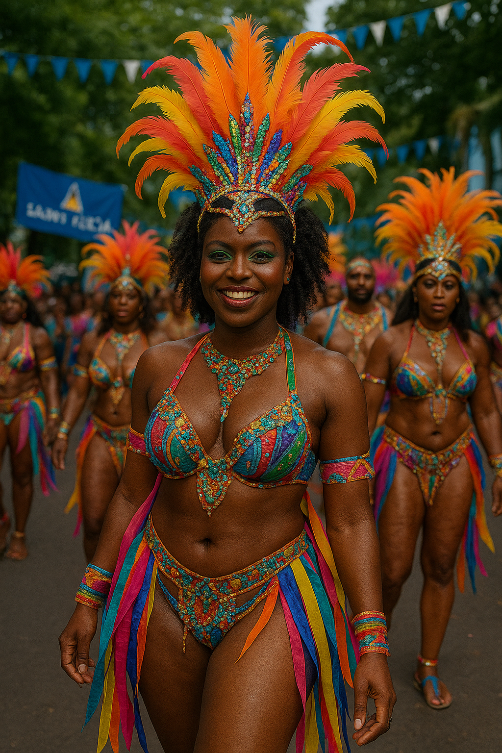 Create a vibrant and colorful image showcasing a Saint Lucian cultural festival. Depict dancers in traditional costumes, musicians playing local instruments, and people celebrating in the streets. The lighting should be bright and festive. The color palette should be rich and saturated, reflecting the energy of the event. Capture the joy and excitement of Saint Lucia's cultural traditions in 4k resolution.