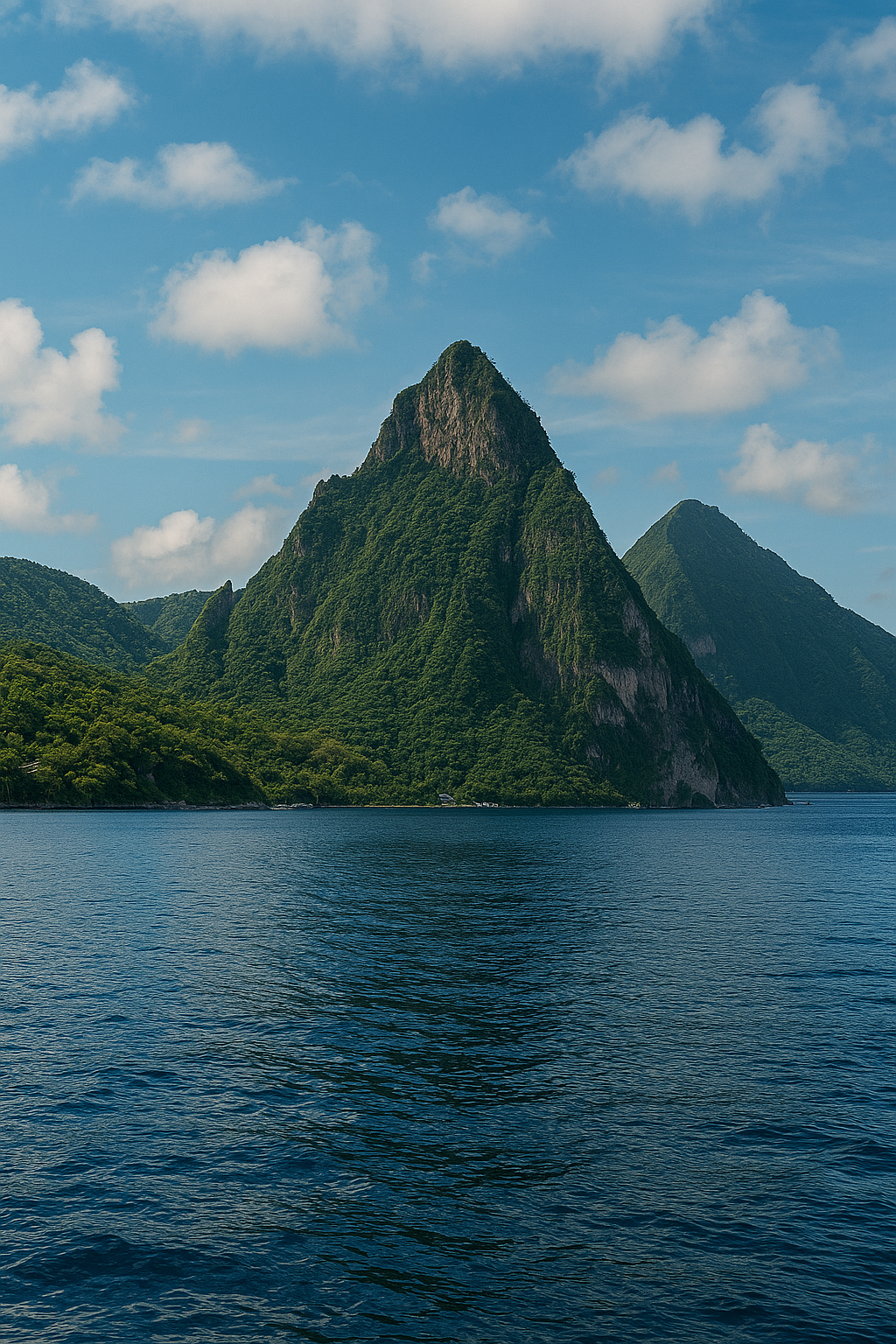 Create a stunning landscape image of the Pitons, Saint Lucia's iconic volcanic peaks. The lighting should be golden hour, casting a warm glow over the landscape. The color palette should emphasize the blues of the ocean, the greens of the rainforest, and the browns of the volcanic rock. Capture the grandeur and majesty of Saint Lucia's natural wonders in 4k resolution.