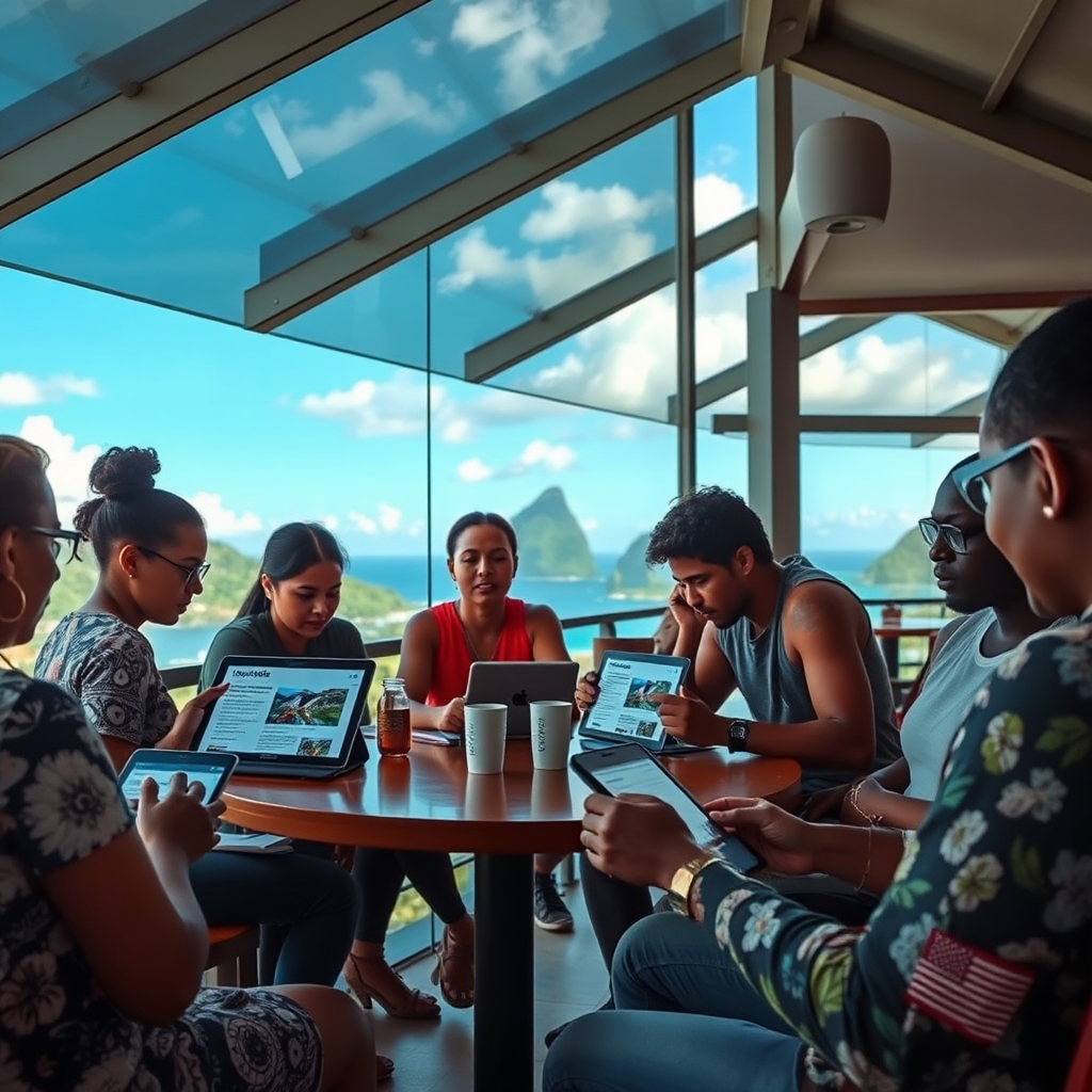 Create a high-quality, 4K image showcasing the spirit of Giapedia. Depict a diverse group of people (locals, tourists, researchers) collaboratively interacting with digital devices displaying the Giapedia website. The setting is a modern, open-air cafe overlooking a scenic Saint Lucian landscape. The image should convey a sense of community, knowledge sharing, and discovery. The color palette should be bright and inviting, with a focus on natural light. The composition should be dynamic, with various focal points drawing the viewer's eye. The style should be contemporary and informative, inspired by stock photography, emphasizing authenticity and engagement.