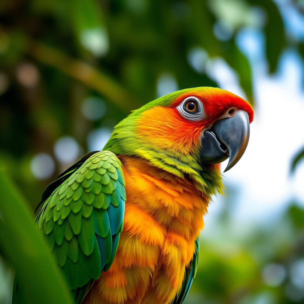 Create a photograph of a Saint Lucian parrot in its natural habitat, showcasing its vibrant colors and unique features. The lighting should be natural and unobtrusive. The color palette should emphasize the greens of the rainforest and the blues of the sky. Capture the beauty and diversity of Saint Lucia's wildlife in 4k resolution.