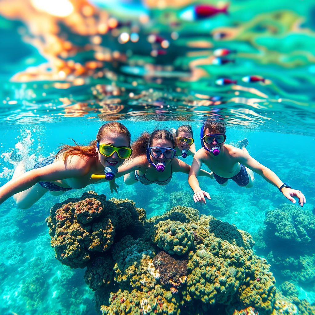 Create an image of a group of people snorkeling in the crystal-clear waters of Saint Lucia, showcasing the vibrant coral reefs and marine life. The lighting should be bright and sunny. The color palette should emphasize the blues and greens of the ocean. Capture the excitement and adventure of exploring Saint Lucia's underwater world in 4k resolution.