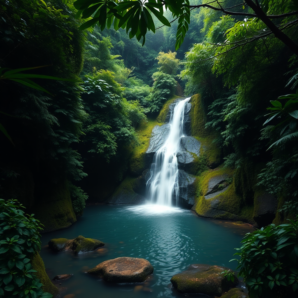 Create an image of a hidden waterfall in Saint Lucia, surrounded by lush rainforest. The lighting should be soft and diffused, creating a sense of tranquility. The color palette should emphasize the greens of the rainforest and the blues of the water. Capture the beauty and serenity of Saint Lucia's hidden gems in 4k resolution.