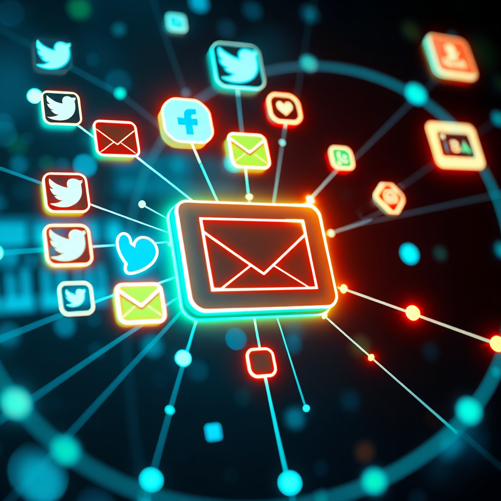Create an image showcasing various digital marketing channels (social media icons, email marketing interface, search engine results page) connected by a network of data streams. The lighting should be bright and dynamic. The color palette should be modern and tech-focused, with blues and greens dominating. 4k resolution.