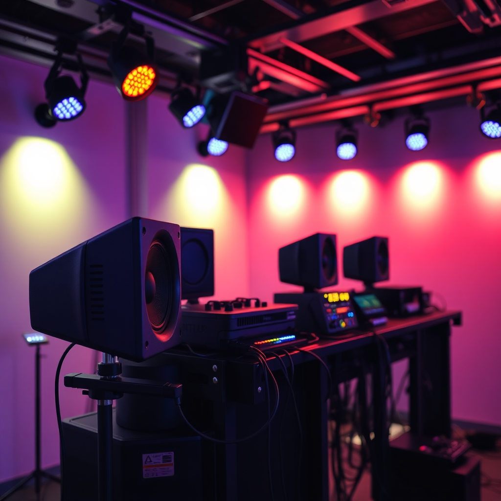 A photograph showcasing state-of-the-art sound and lighting equipment in action. Uplighting on walls to highlight colors. Focus on the details: high-end speakers, intelligent lighting, and professional cabling. Style: Clean, modern, and professional, emphasizing the quality of the equipment. Lighting: Dynamic and colorful.