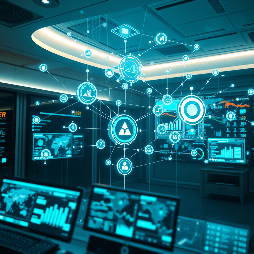 A photorealistic image depicting automated marketing workflows, visualized as interconnected nodes and data streams flowing through a network. The scene is set in a futuristic control room with holographic displays showcasing real-time data analytics. The lighting is soft and ambient, with a color palette dominated by cool blues and greens. Style reference: futuristic data centers. Technical Specs: 4K, high quality, digital rendering