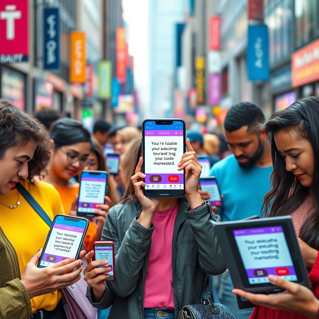 A photorealistic image showing a diverse group of people each interacting with personalized marketing messages on their devices (phones, tablets, laptops). Each device displays a unique message tailored to the individual's interests. The color palette uses a mix of vibrant colors to represent personalization and diversity. The background is a modern, bustling city street, symbolizing a dynamic marketplace. Style reference: Incorporate elements of social media marketing and consumer technology. Technical specs: 4K resolution, high-quality rendering, photography.