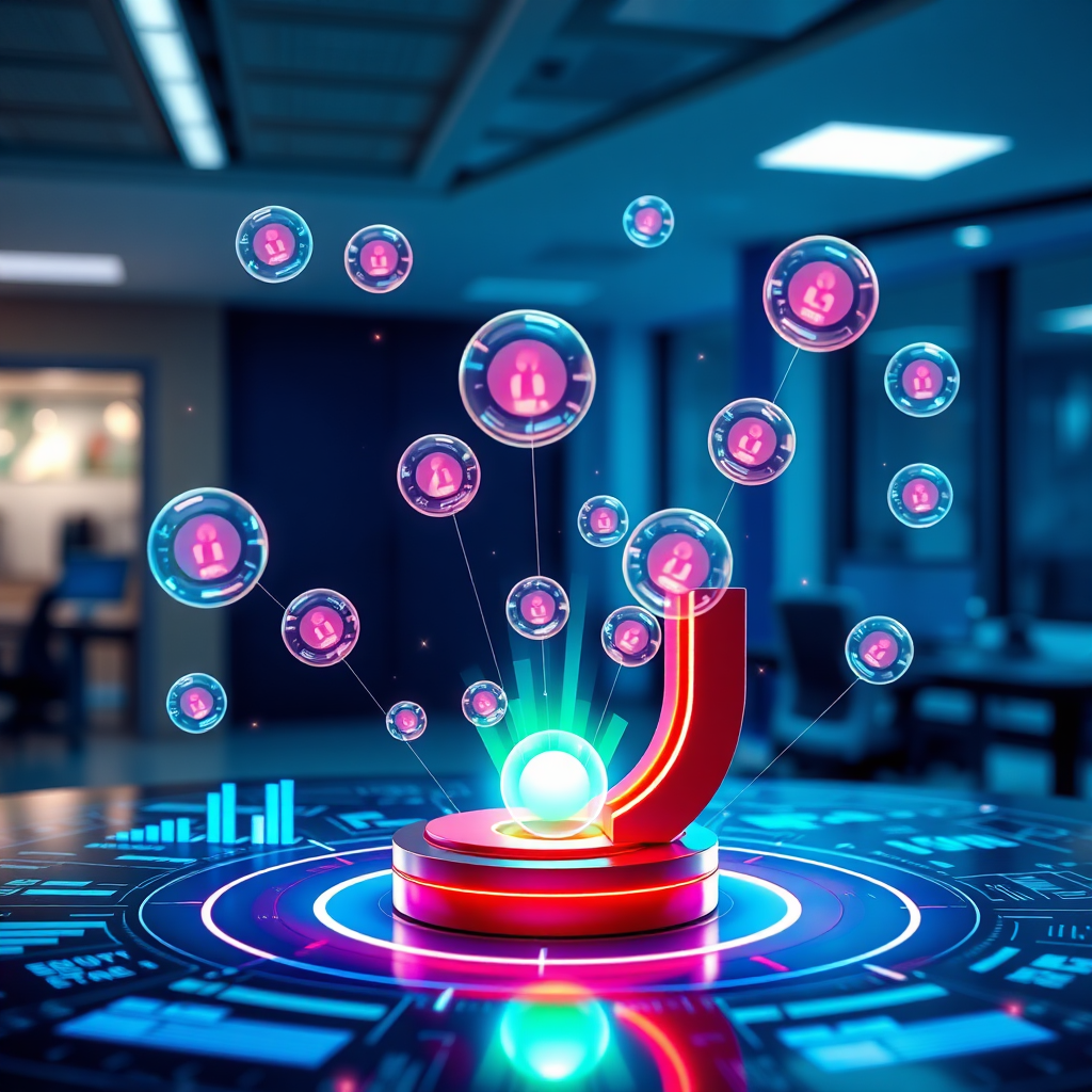 A photorealistic image showing a digital magnet attracting leads represented by glowing orbs. The magnet is surrounded by a futuristic interface with data visualizations. The background is a bright, modern office environment, symbolizing business growth. The color palette uses a mix of blues, purples, and greens to convey technology and opportunity. Style reference: Incorporate elements of digital marketing and lead generation. Technical specs: 4K resolution, high-quality rendering, photography.
