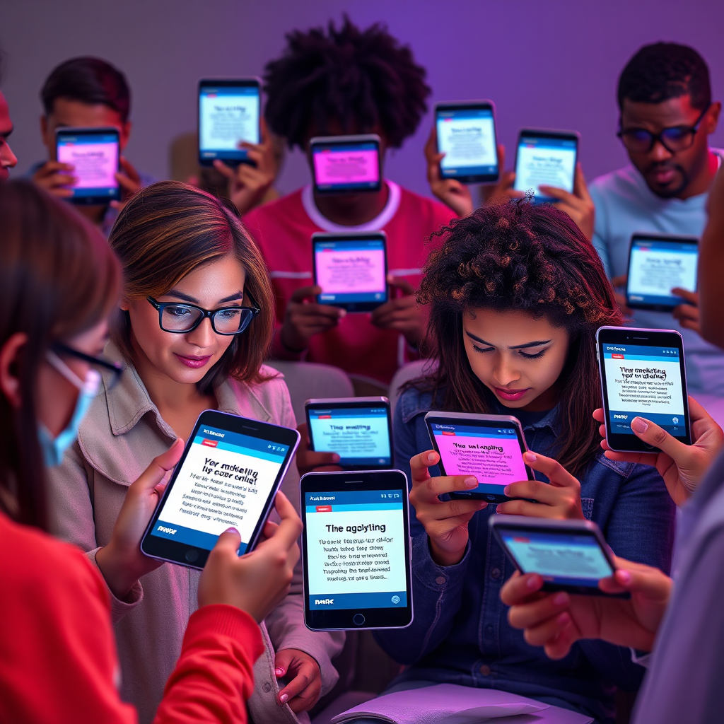 A photorealistic image showing a diverse group of people each viewing personalized marketing content on their devices. Each device displays a unique message tailored to the individual's interests and preferences. The color palette is vibrant and inclusive, reflecting the diversity of the audience. Style reference: customer relationship management. Technical Specs: 4K, high quality, photography