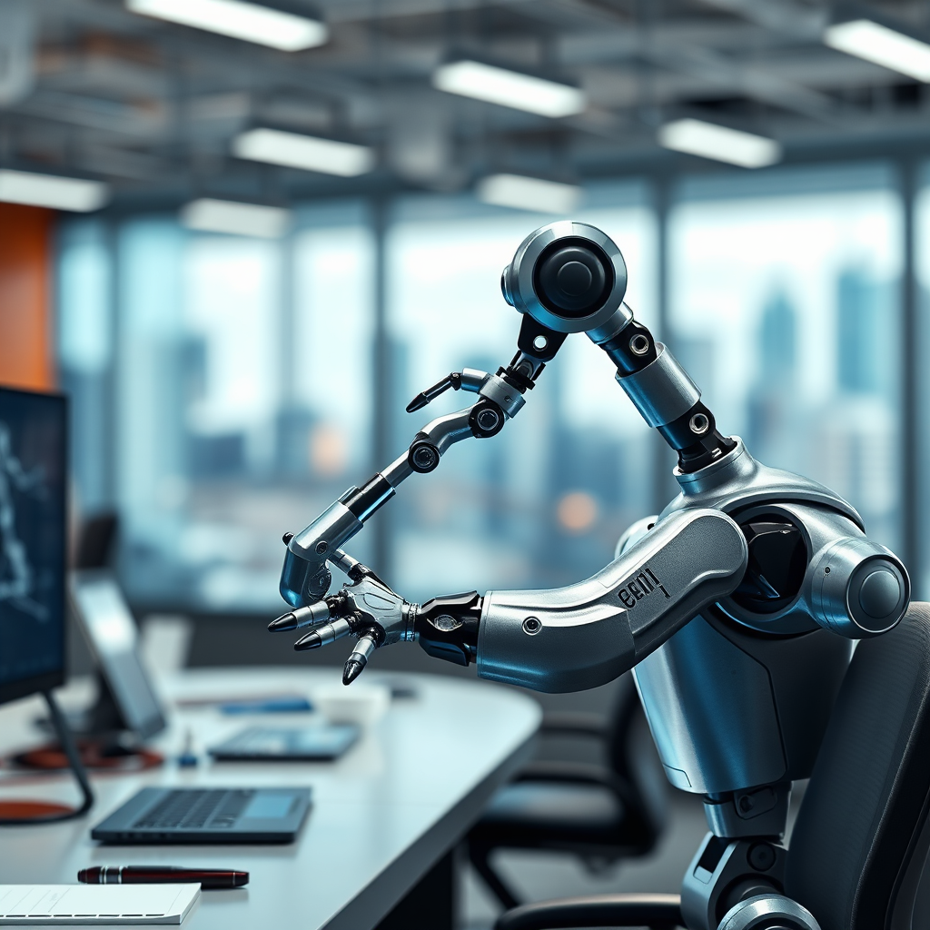 A photorealistic image showing robotic arms performing marketing tasks such as social media posting, email marketing, and data analysis. The robotic arms are sleek and modern, working seamlessly in a futuristic office environment. The color palette uses a mix of metallic silvers and blues to convey automation and technology. The background shows a blurred cityscape, representing business growth. Style reference: Incorporate elements of industrial design and science fiction. Technical specs: 4K resolution, high-quality rendering, photography.