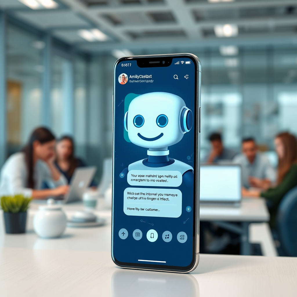 A photorealistic image showing a friendly, futuristic chatbot interface on a mobile phone. The chatbot is interacting with a customer, providing helpful information and resolving queries. The background is a modern office environment with people working on laptops. The color palette uses a mix of blues, greens, and whites to convey trust and technology. Style reference: Incorporate elements of user interface design and customer service. Technical specs: 4K resolution, high-quality rendering, photography.