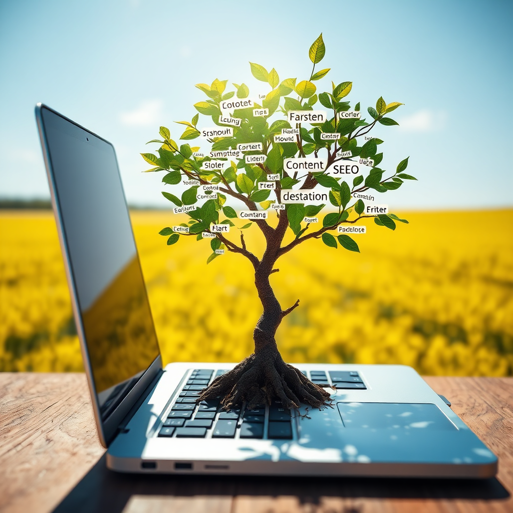 A photorealistic image showing a digital tree growing from a laptop keyboard, with leaves made of keywords and phrases. The tree represents content optimization and growth. The background is a bright, sunny field, symbolizing organic reach. The color palette uses a mix of greens, blues, and yellows to convey nature and technology. Style reference: Incorporate elements of nature photography and digital art. Technical specs: 4K resolution, high-quality rendering, photography.