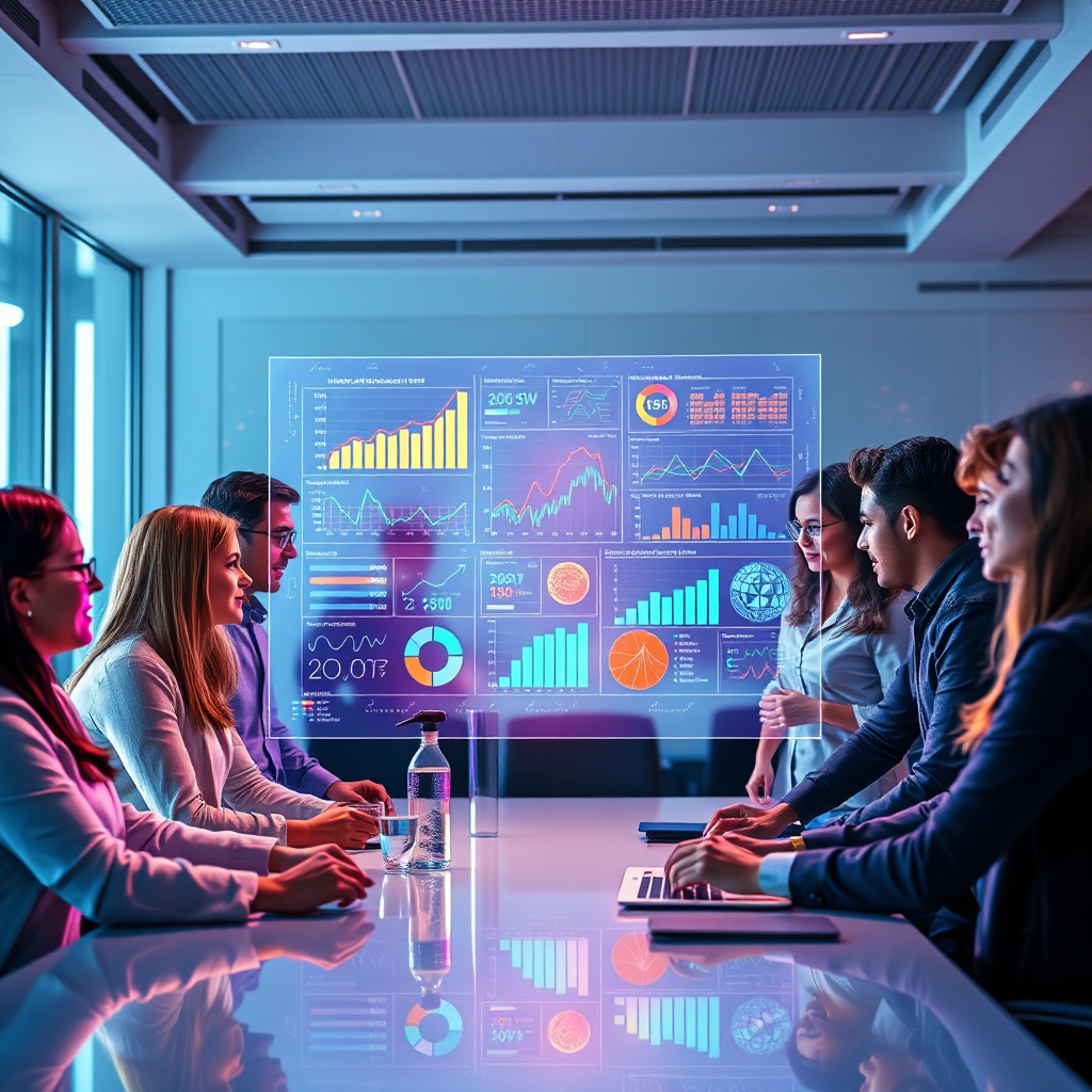 A photorealistic, ultra-high-quality image depicting a modern office environment. The scene shows a diverse team collaborating around a holographic projection displaying complex marketing analytics data, powered by AI. The projection should showcase vibrant, dynamic graphs and charts. The lighting is soft and diffused, creating a sense of innovation and collaboration. The color palette uses a blend of cool blues and purples, accented with bright oranges and greens to highlight data points. Camera angle is a medium shot, capturing the team's engagement and the clarity of the holographic projection. Include details like reflective surfaces, high-resolution textures, and realistic skin tones. Add subtle elements like stylized circuit patterns in the background to symbolize AI. Style reference: Incorporate elements of modern technology design, such as clean lines and minimalist aesthetics. Technical specs: 8K resolution, hyperrealistic rendering, professional photography.