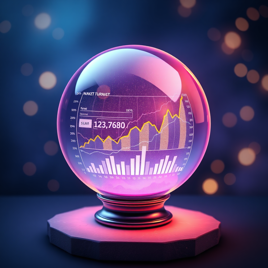 A stylized image of a crystal ball containing data visualizations that predict future market trends. The crystal ball is illuminated from within, casting a soft glow on surrounding charts and graphs. The color palette is a blend of deep blues, purples, and shimmering golds. Style reference: fortune telling. Technical Specs: 4K, high quality, 3D rendering