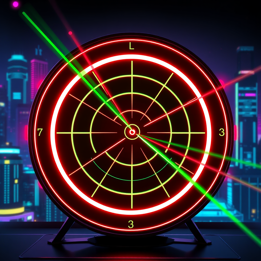 A stylized image representing a digital dartboard with a bullseye formed by converging laser beams. The laser beams represent AI targeting specific demographics and interests. The background is a dark, futuristic cityscape with glowing neon lights. The color palette uses a mix of neon greens, blues, and purples to convey technology and precision. Style reference: Incorporate elements of cyberpunk and digital art. Technical specs: 4K resolution, high-quality rendering, digital art.