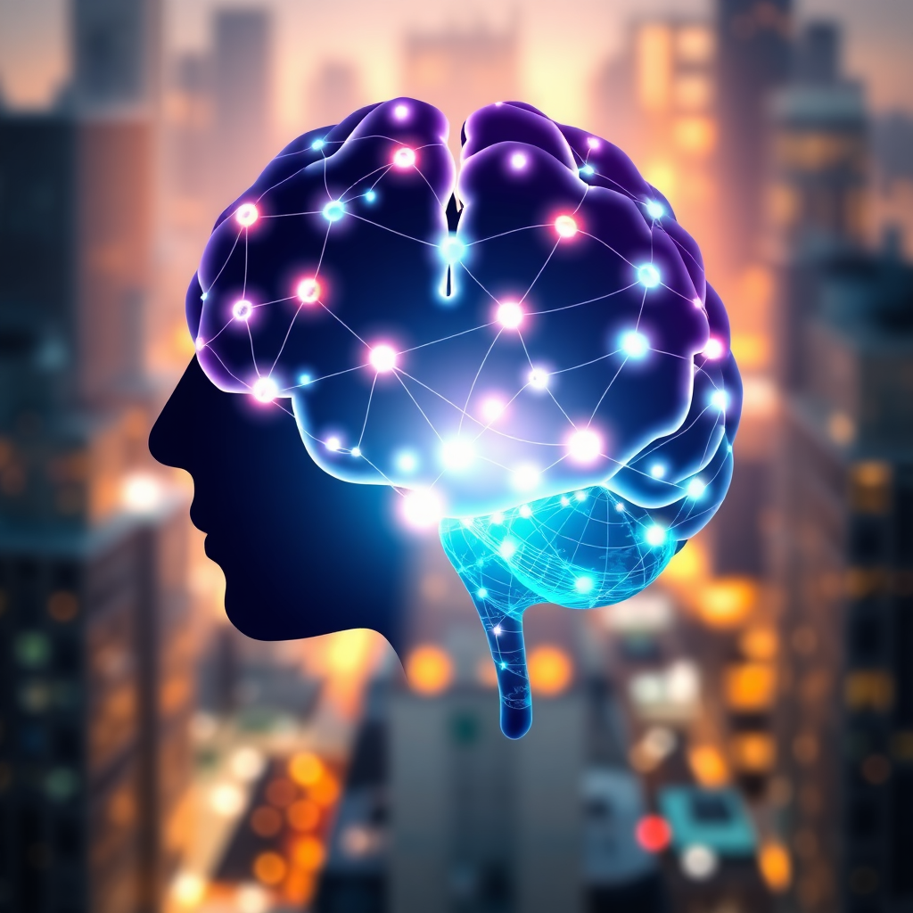 A stylized image representing the fusion of artificial intelligence and business marketing. Imagine a network of interconnected nodes, glowing with soft, pulsating light, forming a human brain silhouette. The brain is superimposed over a world map, symbolizing global reach. The color palette includes deep blues and purples to represent intelligence and technology, contrasted with warm oranges and yellows to represent growth and opportunity. The background is a blurred cityscape, adding a sense of modernity and dynamism. Style reference: Incorporate elements of abstract art and data visualization. Technical specs: 4K resolution, high-quality rendering, digital art.