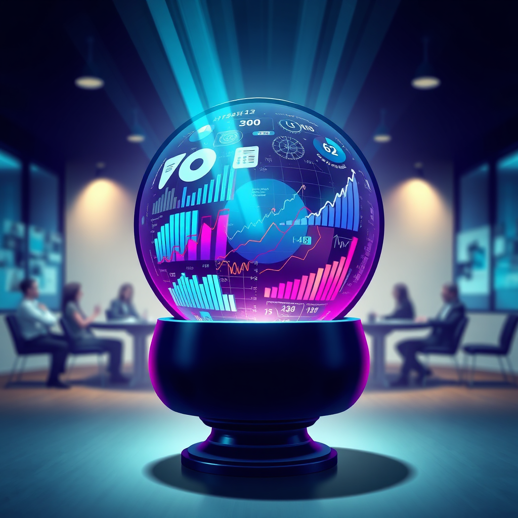 A stylized image showcasing a crystal ball filled with data visualizations, such as charts, graphs, and heatmaps. The crystal ball sits on a pedestal in a dimly lit room, with beams of light illuminating the data within. The color palette uses a mix of blues, greens, and purples to represent data and insight. The background is a blurred image of a business meeting, symbolizing decision-making. Style reference: Incorporate elements of fantasy and data science. Technical specs: 4K resolution, high-quality rendering, digital art.